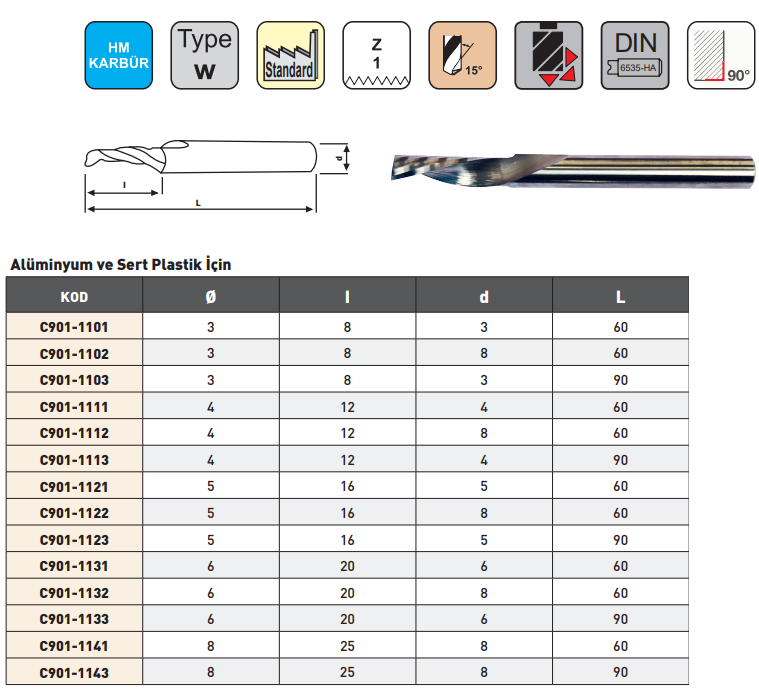 Pld 6x20x8x60mm Tek Ağız Özel Karbür Freze