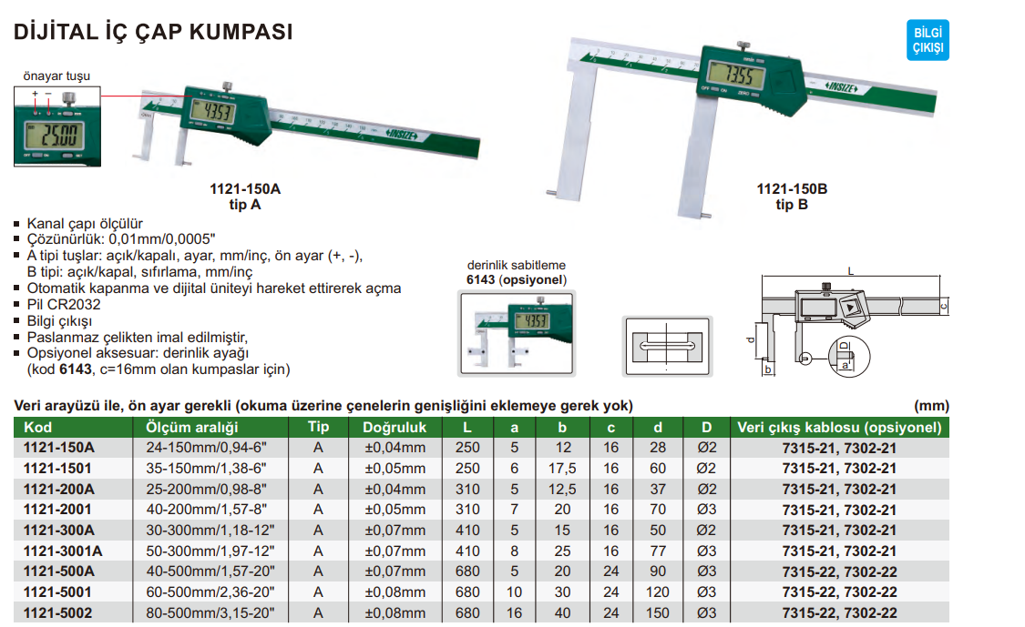 INSIZE 1121 Dijital İç Kanal Kumpası (Yuvarlak Uçl ) tablo