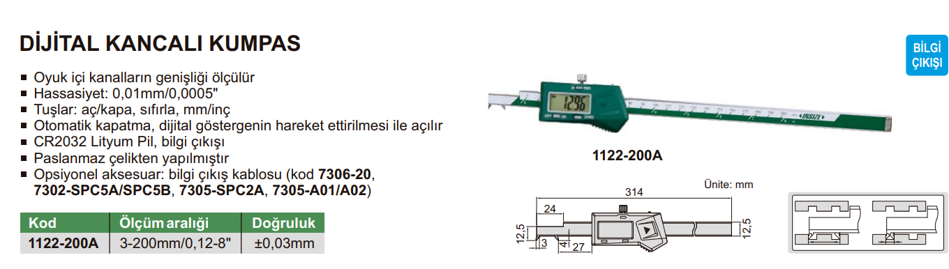 INSIZE 1122 Dijital Kancalı Kumpas tablo