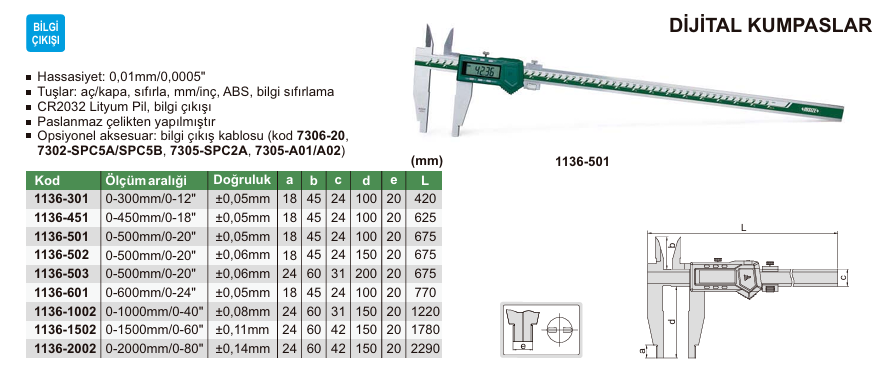 INSIZE 1136 Çift Çeneli Dijital Kumpas tablo