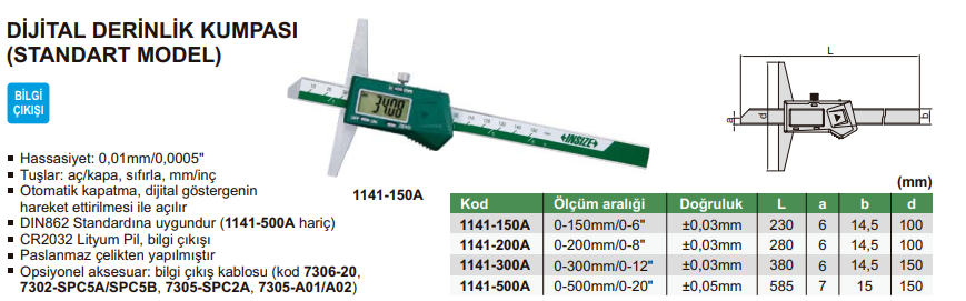 INSIZE 1141 Dijital Derinlik Kumpası (Standart Model) tablo