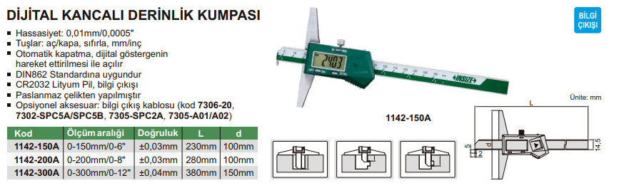 INSIZE 1142 Dijital Kancalı Derinlik Kumpası tablo