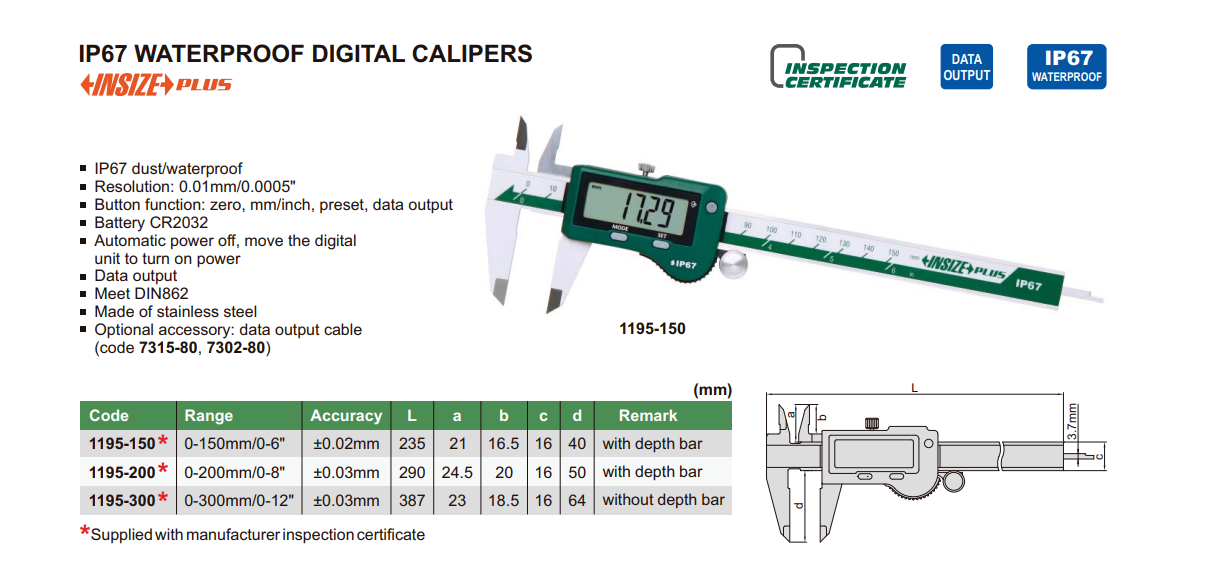INSIZE 1195 IP67 Su Geçirmez Dijital Kumpas tablo
