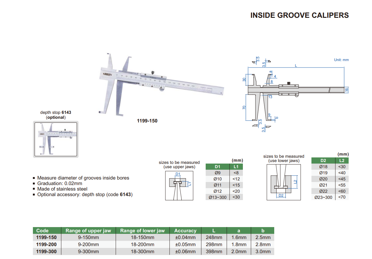 INSIZE 1199 İç Çap Kumpası tablo