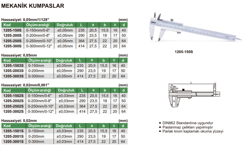 INSIZE 1205 Mekanik Kumpas Standart Model tablo