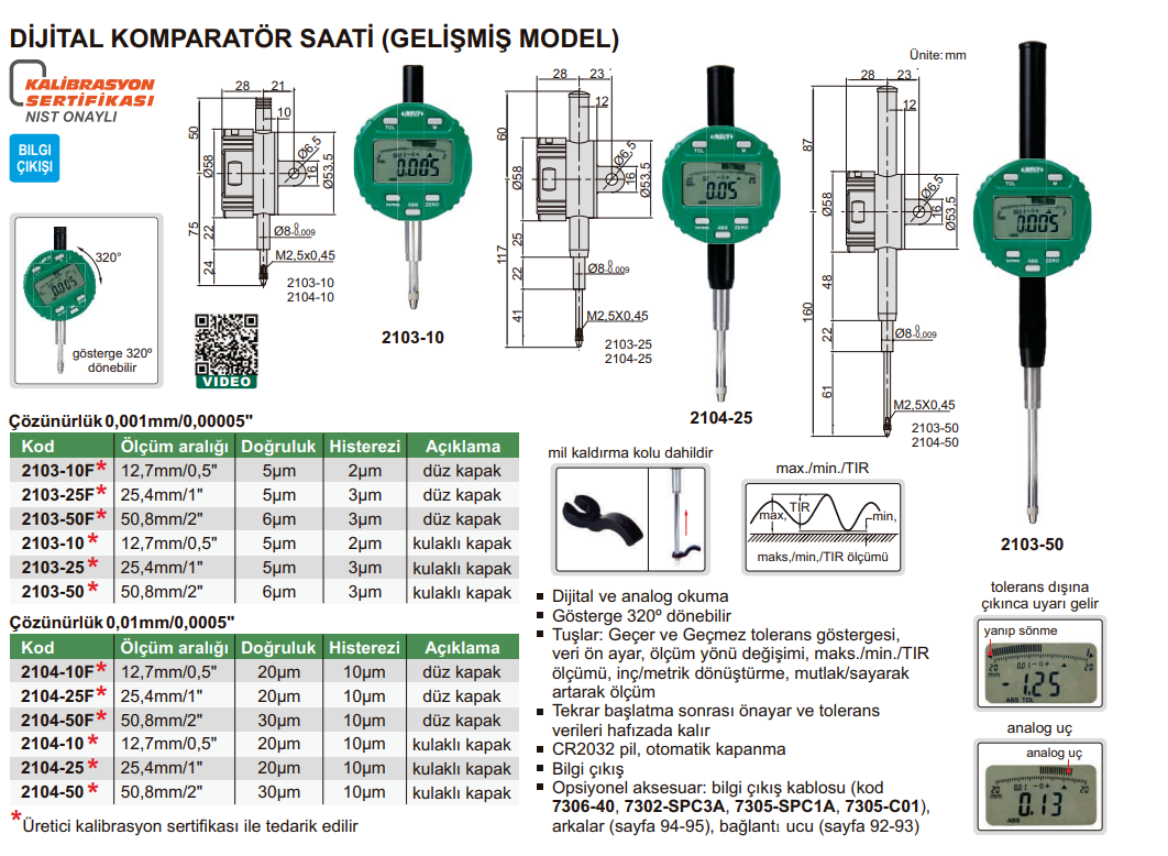 INSIZE 2104 Dijital Komparatör Saati (Gelişmiş Model) tablo