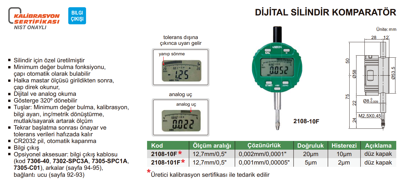 INSIZE 2108 Dijital Silindir Komparatör tablo