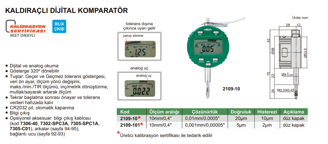 INSIZE 2109 Kaldıraçlı Dijital Komparatör tablo