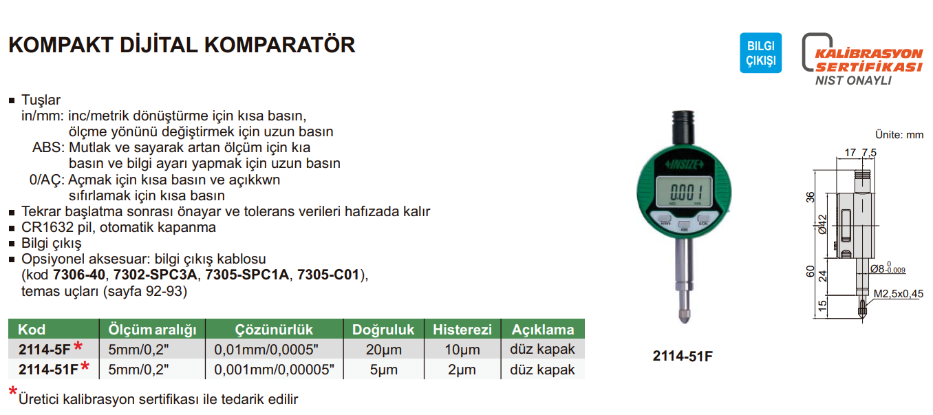 INSIZE 2114 Kompakt Dijital Komparatör tablo