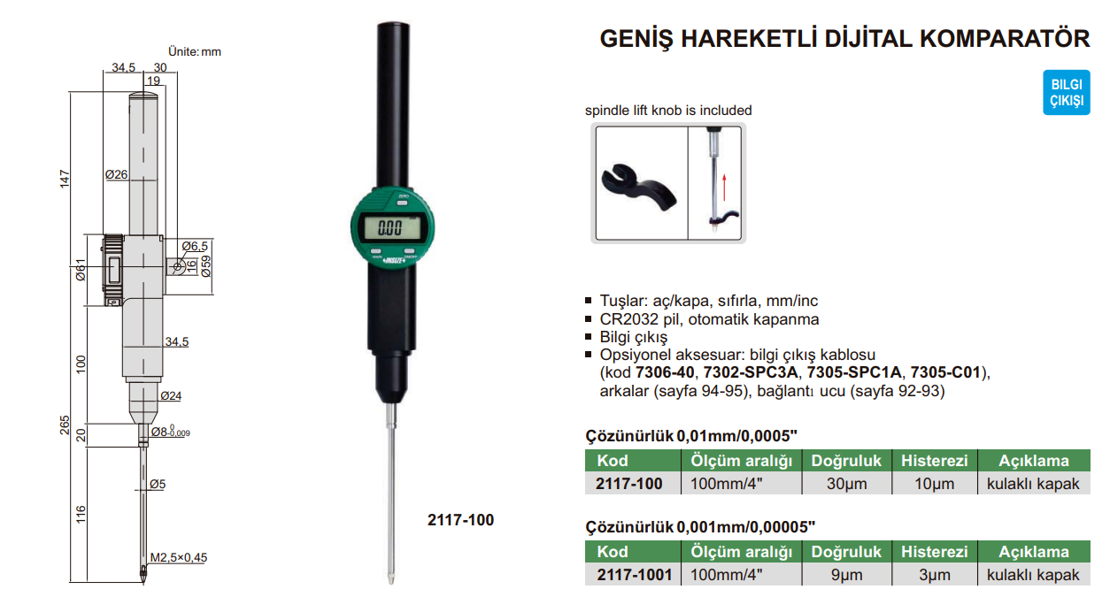 INSIZE 2117 Geniş Hareketli Dijital Komparatör tablo