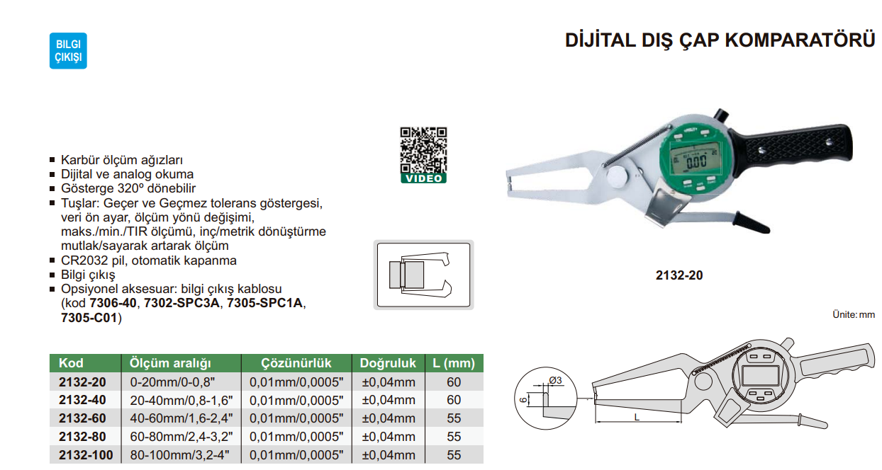 INSIZE 2132 Dijital Dış Çap Komparatörü tablo