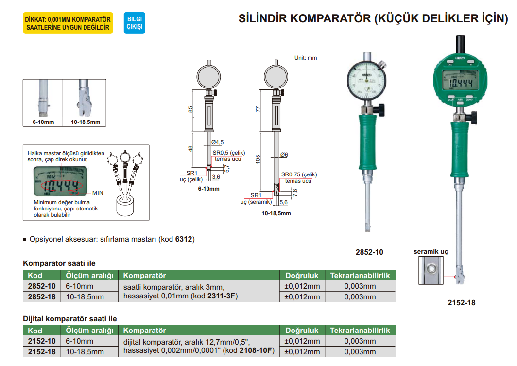 INSIZE 2152 Silindir Komparatör (Küçük Delikler İçin ) tablo