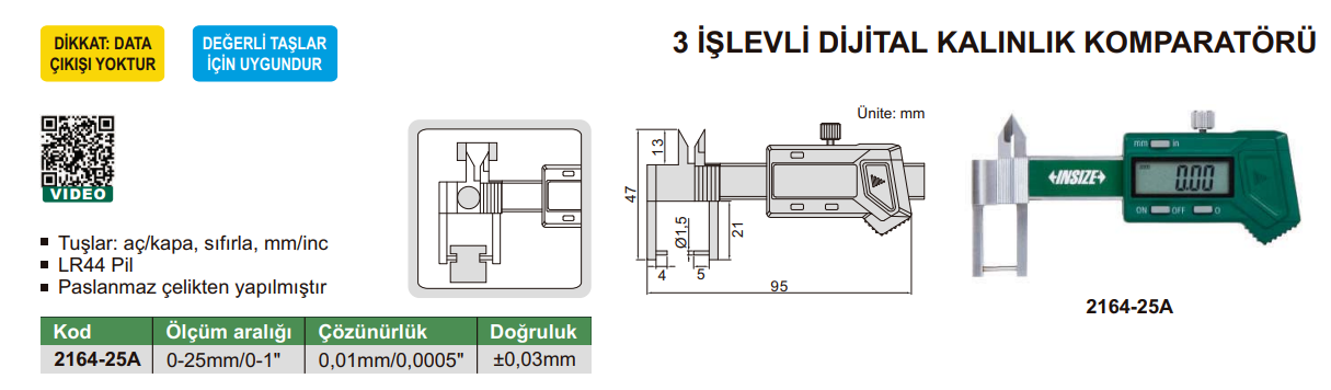 INSIZE 2164 İşlevli Dijital Kalınlık Komparatörü tablo