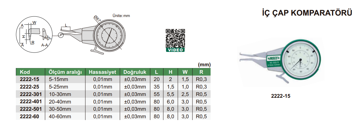 INSIZE 2222 İç Çap Komparatörü tablo