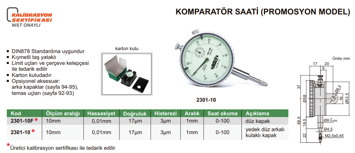 INSIZE 2301 Komparatör Saati (Promosyon Model ) tablo