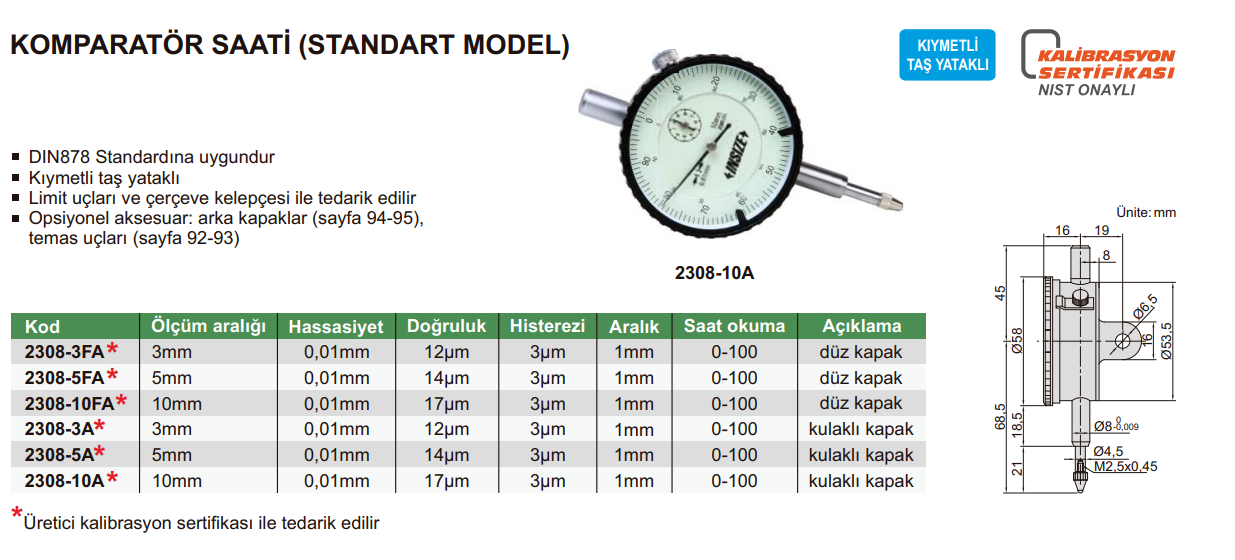 INSIZE 2308 Komparatör Saati (Standart Model) tablo