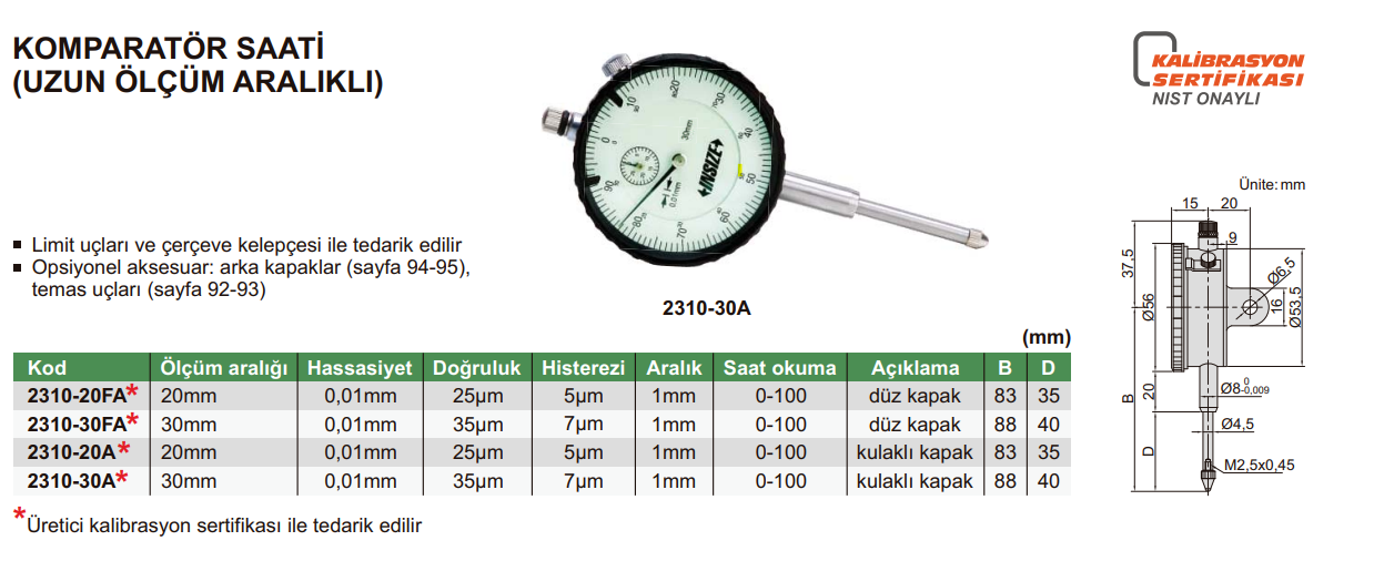 INSIZE 2310 Komparatör Saati (Uzun Ölçüm Aralıklı ) tablo