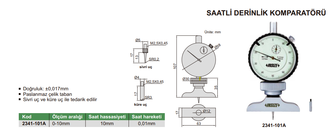 INSIZE 2341-101A Saatli Derinlik Komparatörü tablo