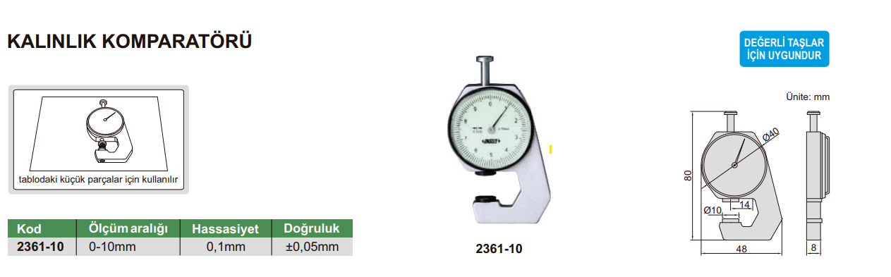 INSIZE 2361-10 Kalınlık Komparatörü tablo