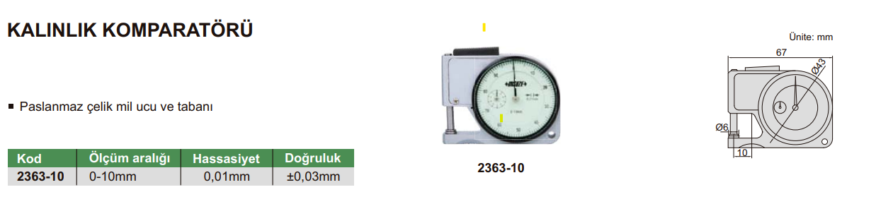 INSIZE 2363-10 Kalınlık Komparatörü tablo