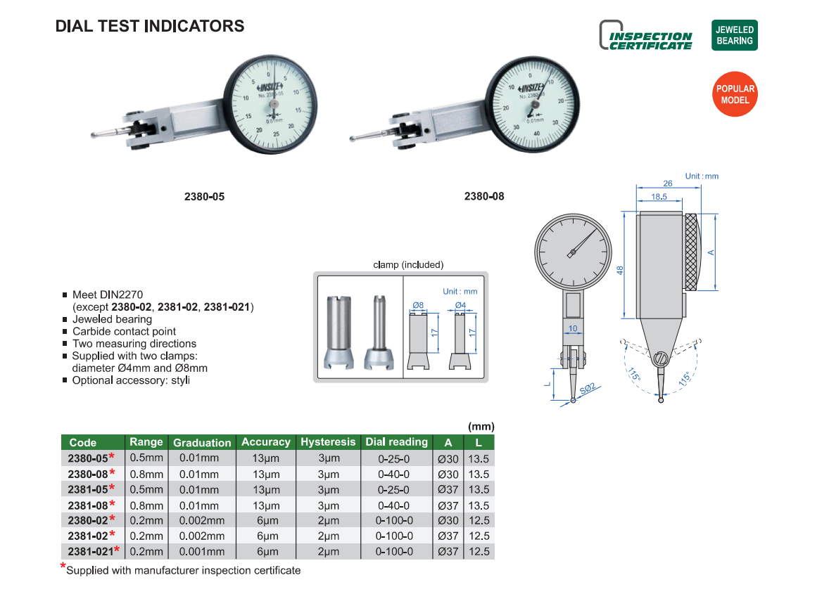 INSIZE 2381 Salgı Komparatör Saati tablo