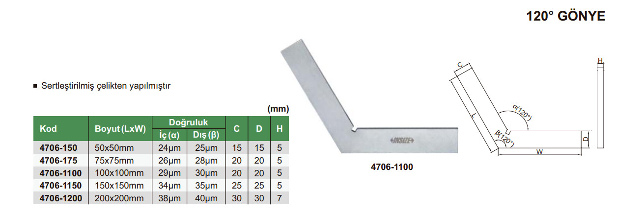 INSIZE 4706 Düz Gönye 120 Derece Açılı tablo