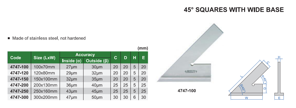 INSIZE 4747 Şapkalı Gönye 45° tablo