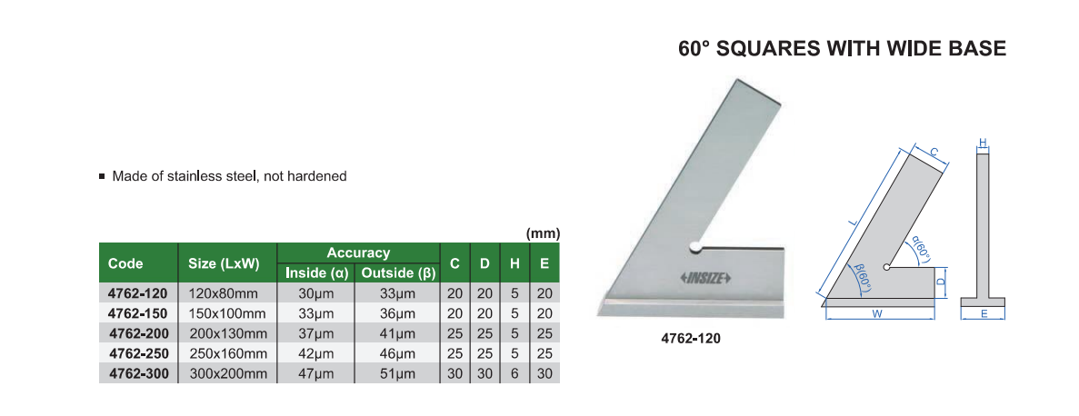 INSIZE 4762 Şapkalı Gönye 60° tablo