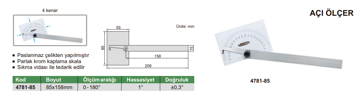 INSIZE 4781 Açı Ölçer tablo