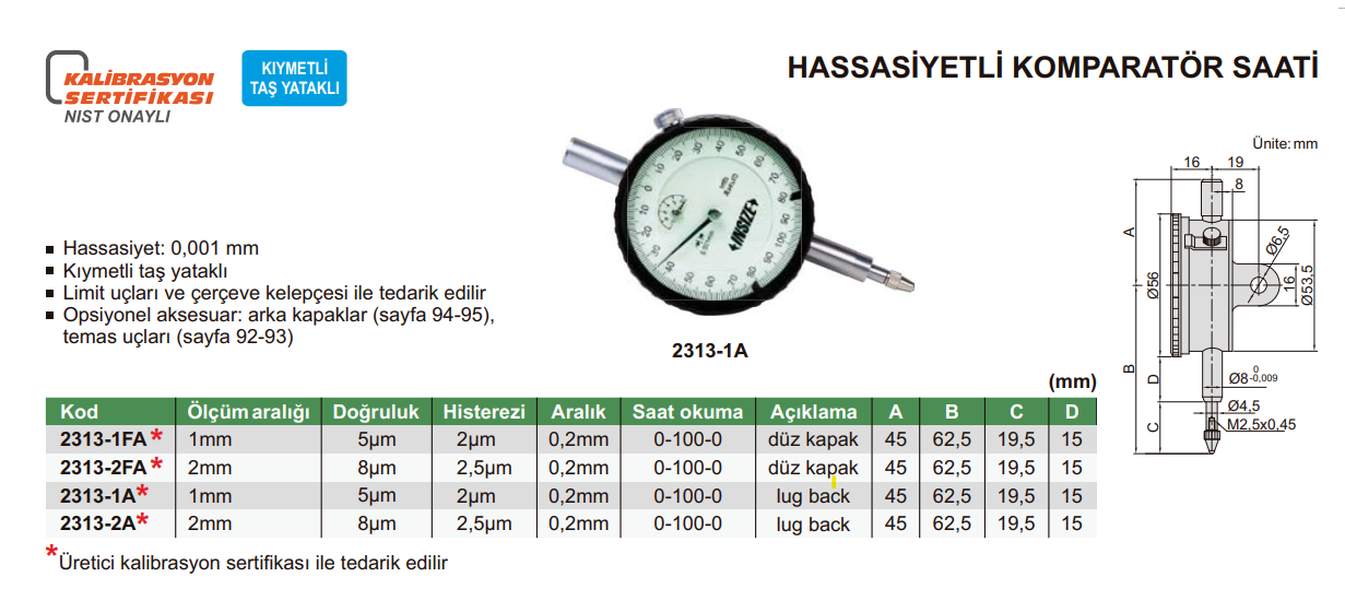 INSIZE Komparatör Saati Hassas Tip tablo