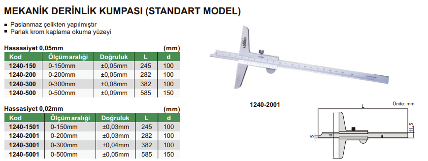 INSIZE Mekanik Derinlik Kumpası tablo