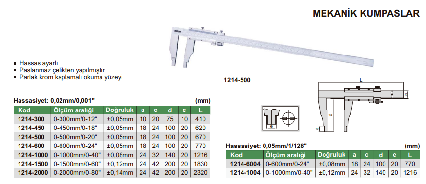 INSIZE Tek Çeneli Mekanik Kumpas tablo