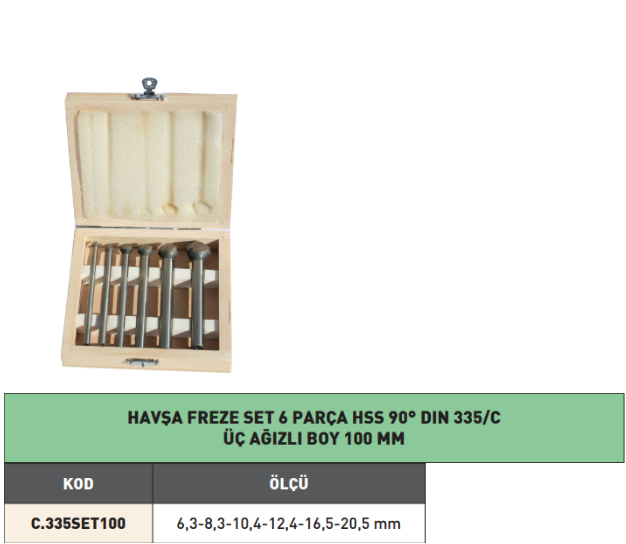 Pld 100mm Saplı Set 6 Parça Havşa Freze 90° tablo