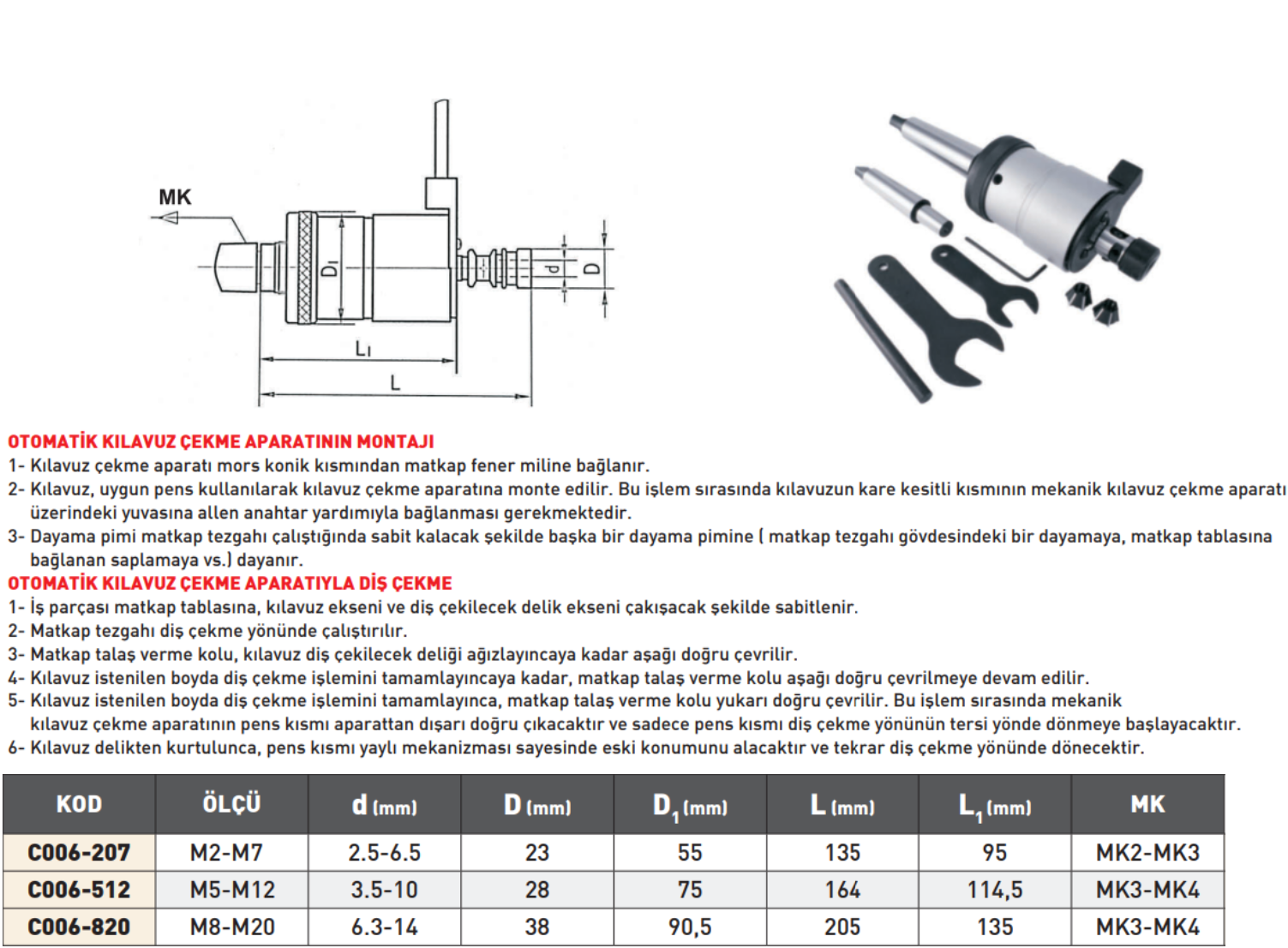 Pld Otomatik Kılavuz Çekme Aparatı tablo