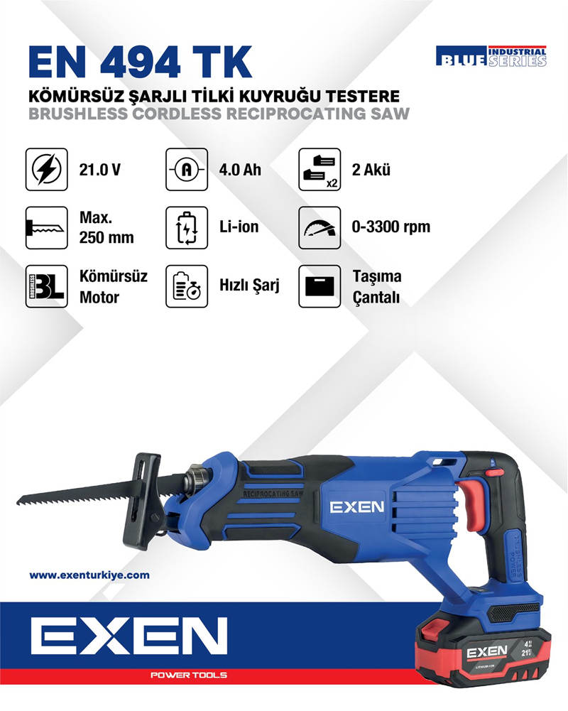 EXEN EN 494 TK - 21V 4Ah max.250mm Kömürsüz Şarjlı Tilki Kuyruğu Testere