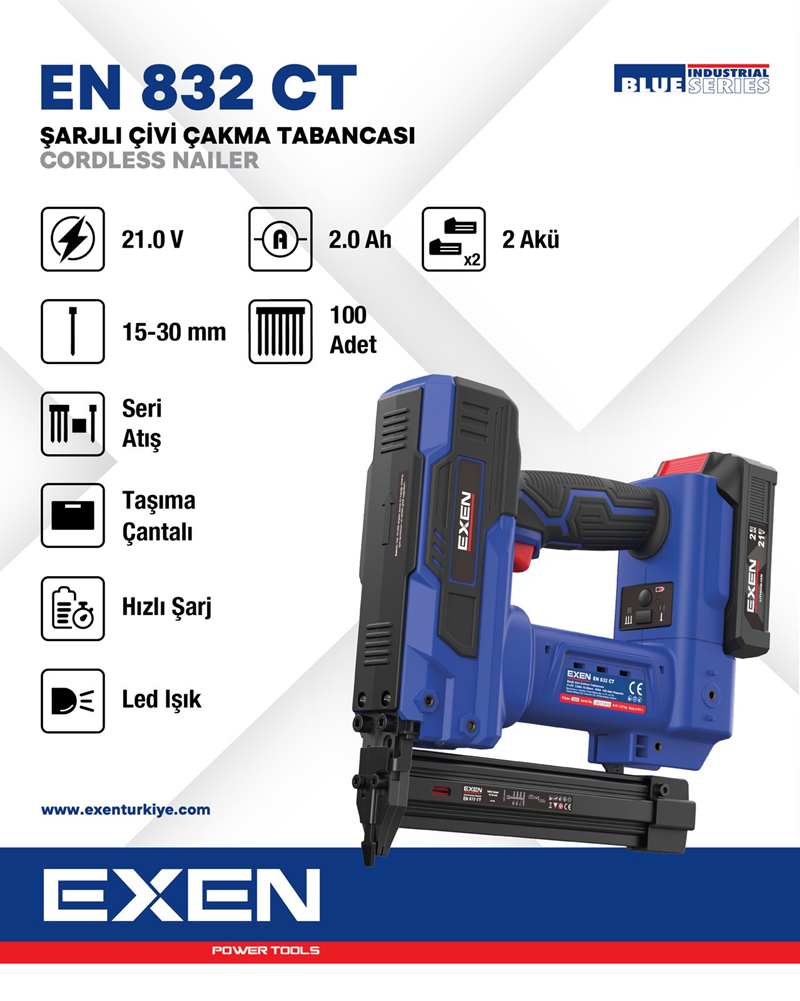 EXEN EN 832 CT - 21V 2Ah 15-30mm Şarjlı Çivi Çakma Tabancası