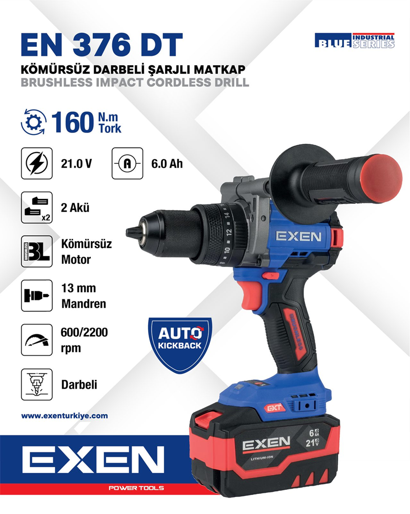 EXEN  EN 376 DT - 21V 6Ah 160N.m Kömürsüz Darbeli Şarjlı Matkap