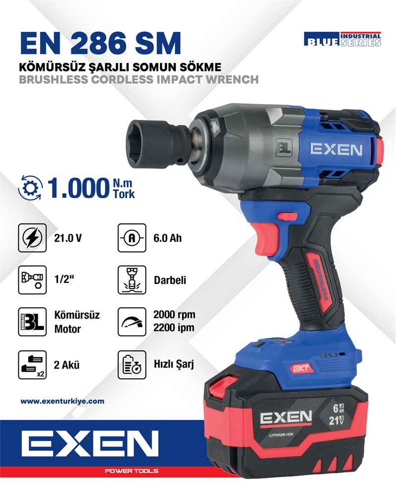 EXEN  EN 286 SM - 21V 6Ah 1/2''Soket 1000N.m Kömürsüz Şarjlı Somun Sökme