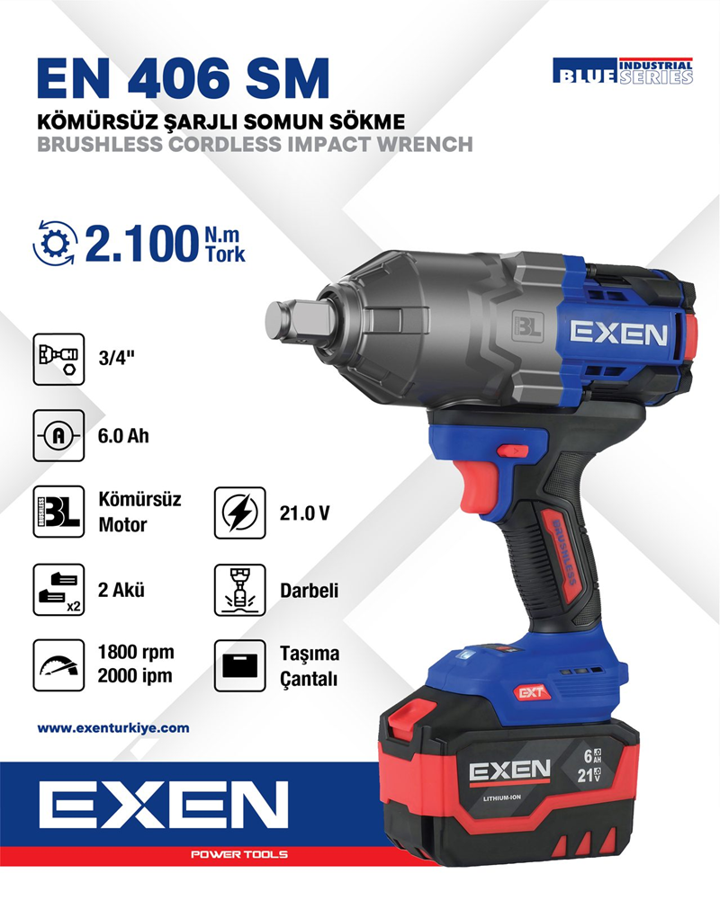 EXEN  EN 406 SM - 21V 6Ah 3/4''Soket 2100N.m Kömürsüz Şarjlı Somun Sökme