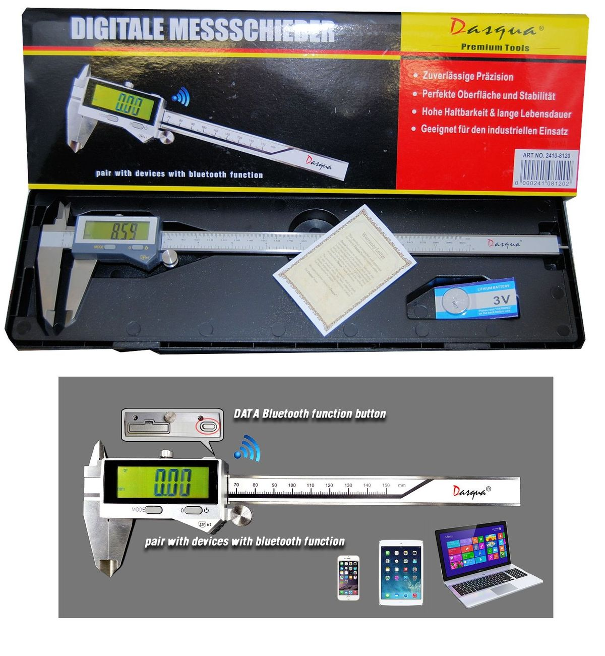 Dasqua 0-150mm Dijital Kumpas Bluetooth IP67 Yağa, Suya Dirençli 2410-8105