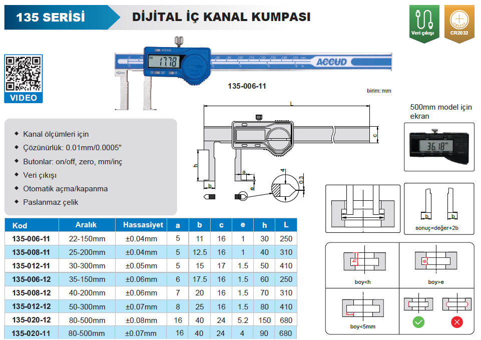 ACCUD Dijital İç Çap Kanal Kumpası 135 Serisi 80-500mm