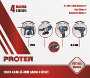 PROTER PST 914 QUATRO 4.0Ah 20V Li-ion Pil  Kömürsüz Şarjlı (Dörtlü Makina Set)